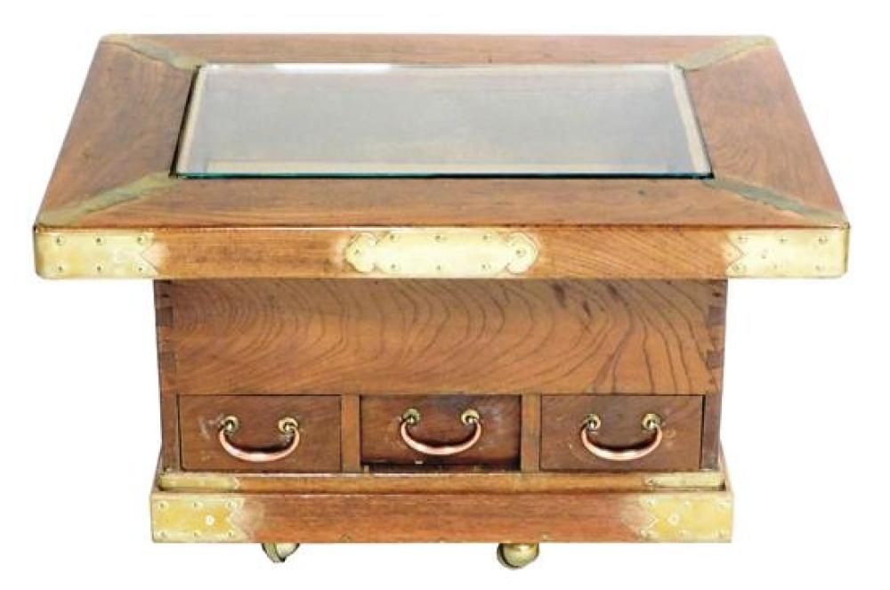 Appraisal: ASIAN Japanese Hibachi mahogany brass bound with three small drawers