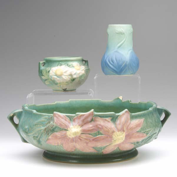 Appraisal: ROSEVILLE Etc Three pieces Roseville green Clematis bowl - chip