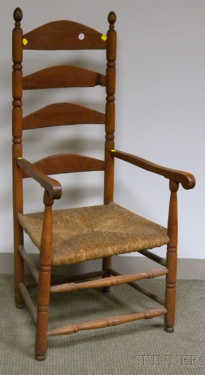 Appraisal: Wooden Slat-back Armchair with Woven Rush Seat seat rail break