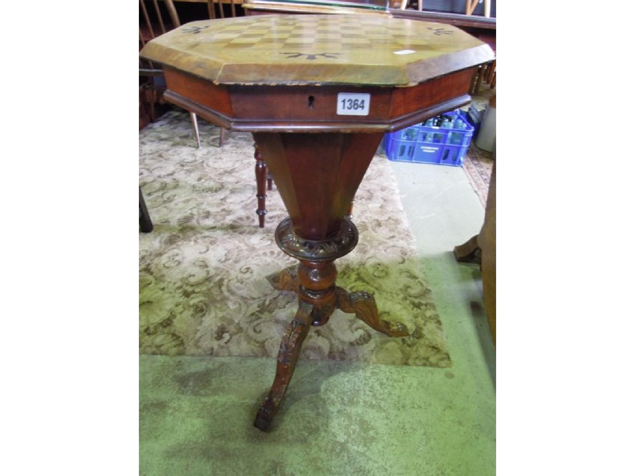 Appraisal: A Victorian walnut trumpet shaped work box of octagonal form