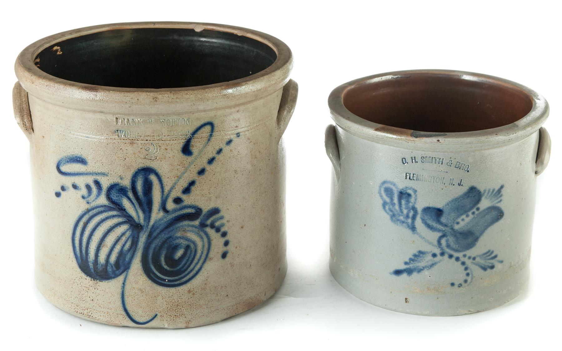 Appraisal: TWO STONEWARE JARS WITH HANDLES IMPRESSED MARKS AND FREEHAND DECORATION