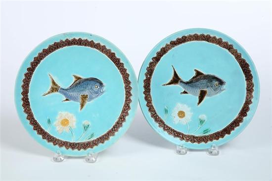 Appraisal: TWO MAJOLICA PLATES English nd half- th century Turquoise fish