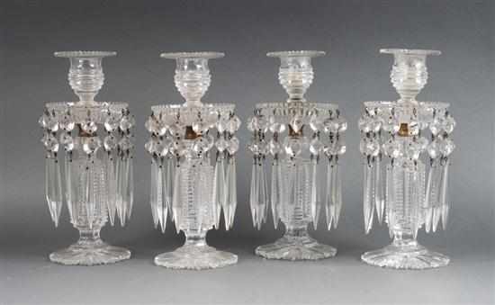 Appraisal: Set of four Anglo- Irish cut glass drop prism candlesticks