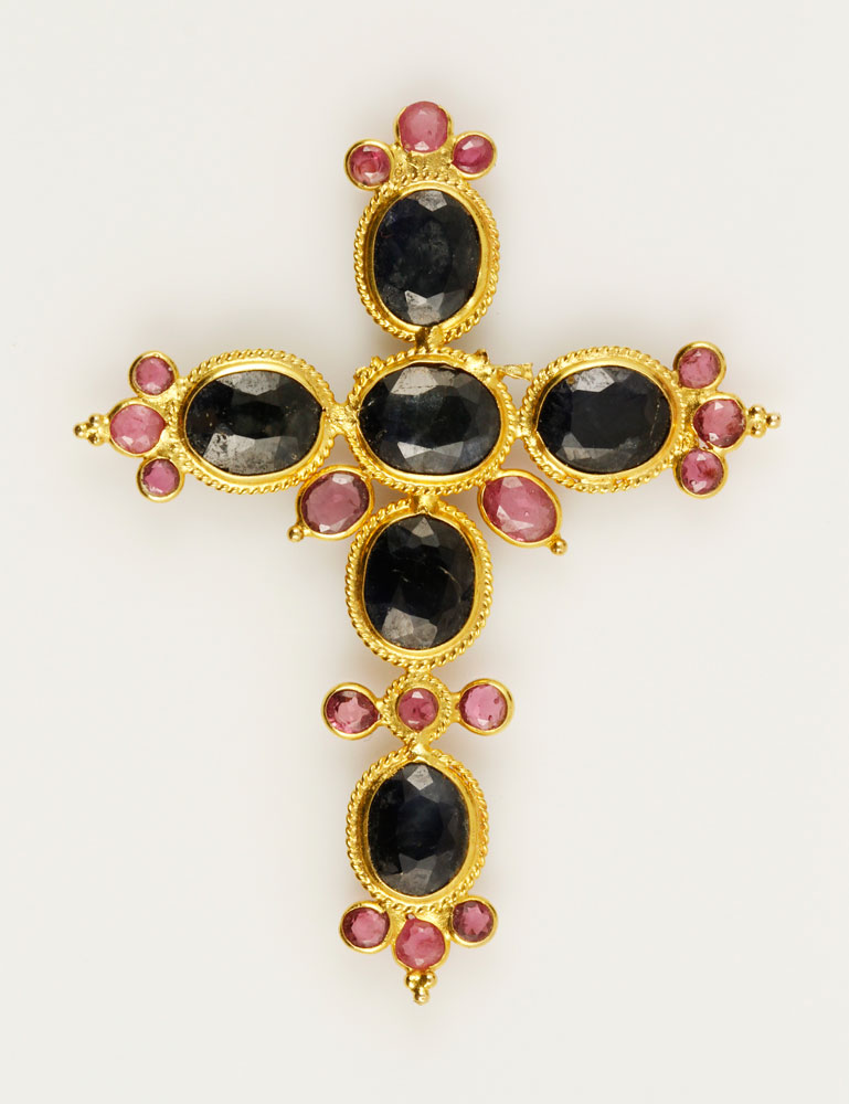 Appraisal: - K Gold Ruby and Sapphire Cross K gold ruby