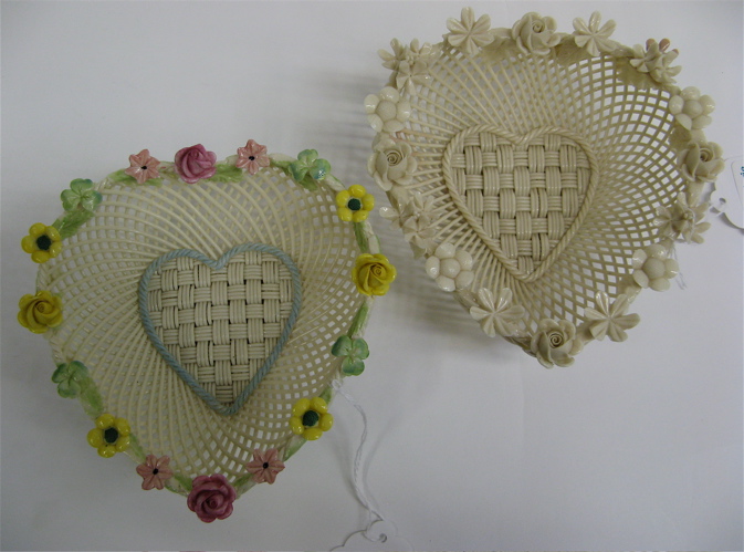 Appraisal: TWO IRISH BELLEEK FOUR STRAND HEART-SHAPED BASKETS Both having floral