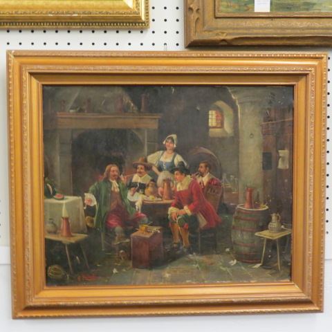 Appraisal: A Zanetti oil tavern scenewith men smoking drinking barmaid looking