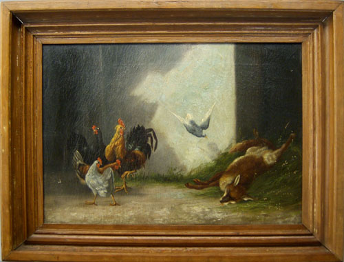 Appraisal: Oil on canvas scene of chickens and a fox late