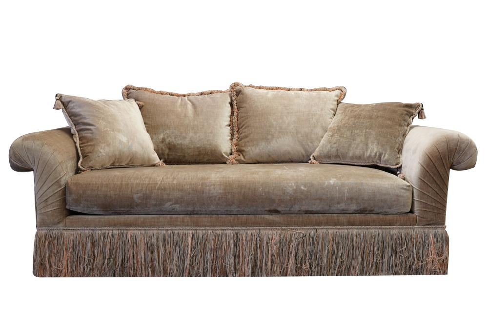 Appraisal: TAUPE VELVET-UPHOLSTERED SOFAwith loose back and seat cushions and six