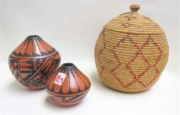 Appraisal: THREE INDIAN COLLECTIBLES covered basket with red green and black