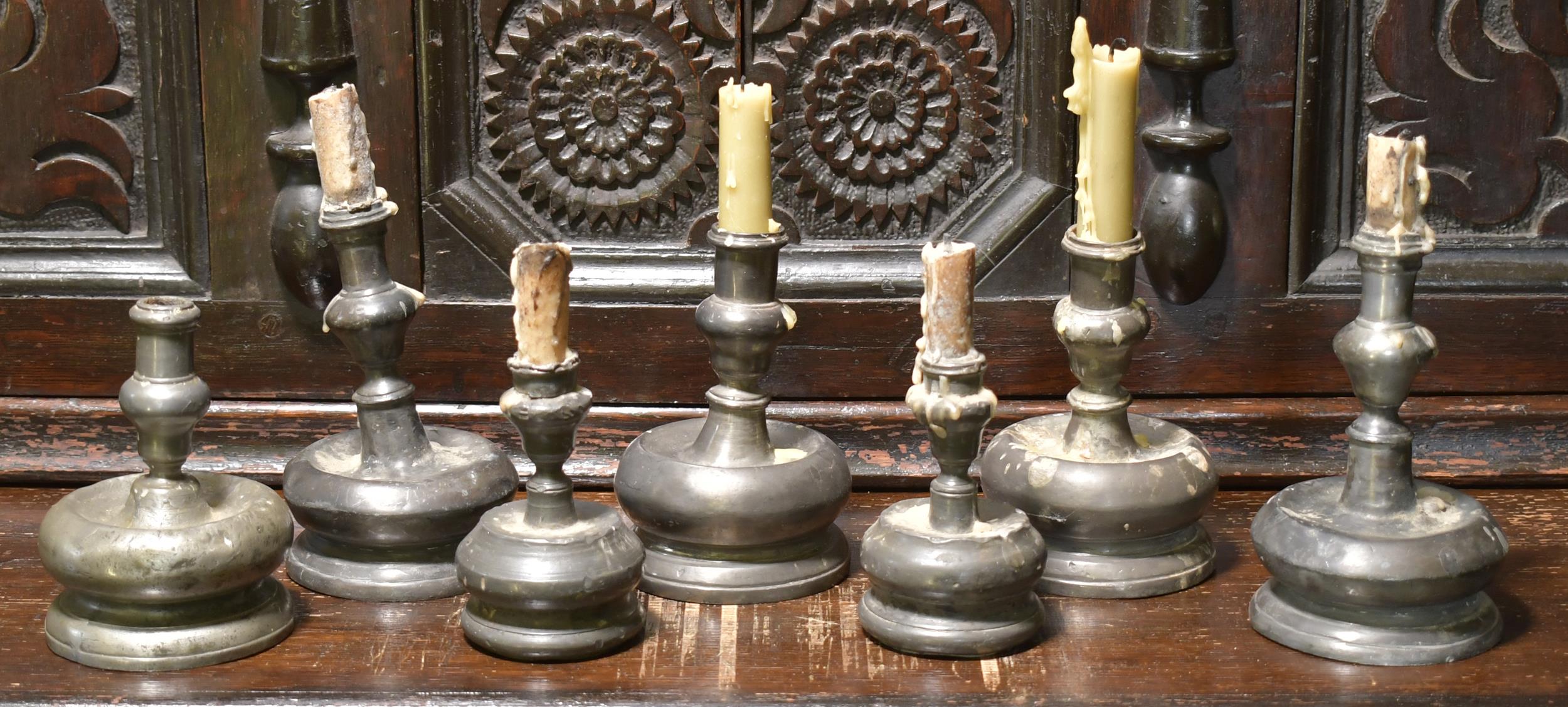 Appraisal: GROUP OF SMALL TH C PEWTER CANDLESTICKS Continental origin all