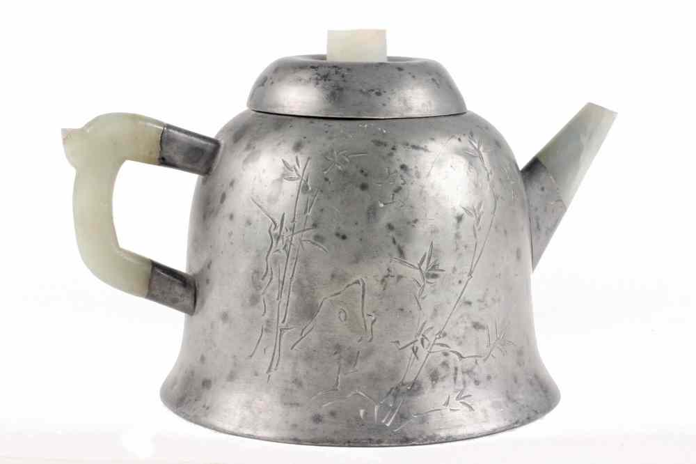 Appraisal: CHINESE PEWTER JADE TEAPOT - Ming Dynasty Pewter Teapot with