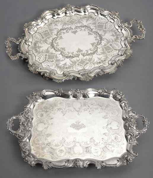 Appraisal: English silverplate rectangular trayseach with repousse scrolled edges and two