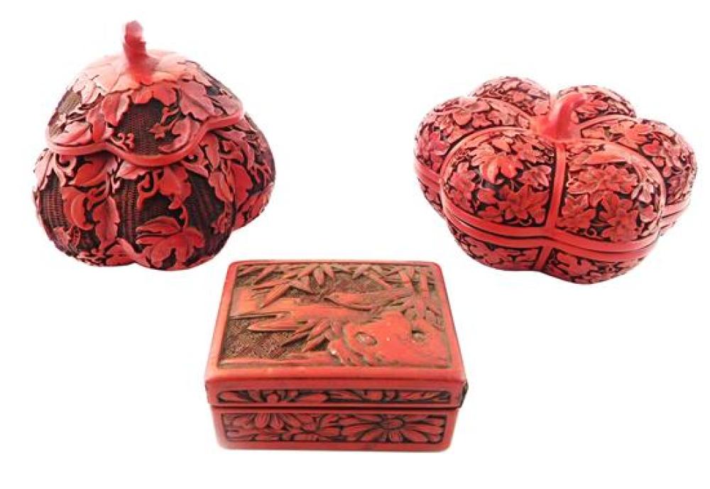 Appraisal: ASIAN Three Cinnabar boxes Chinese th C including two gourd