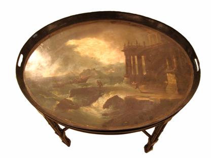 Appraisal: Victorian painted tray on later standOval tray with painted seascape