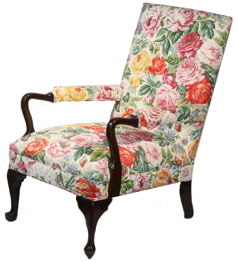 Appraisal: FLORAL UPHOLSTERED LOLLING CHAIR Circa s Mahogany Lolling Chair with