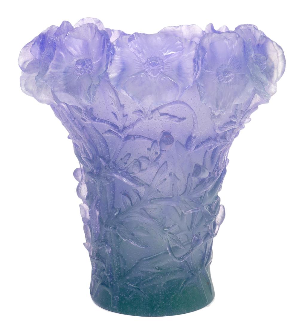 Appraisal: DAUM PATE DE VERRE HIBISCUS LAVENDER VASEDaum pate de verre