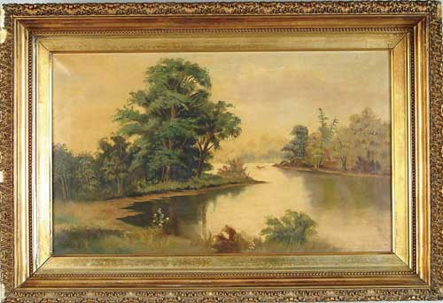 Appraisal: UNSIGNED American th Century LANDSCAPE WITH WATER AND ROWBOAT Oil