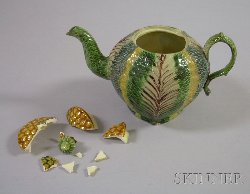 Appraisal: Staffordshire Lead Glazed Creamware Cabbage Leaf Teapot England c pineapple