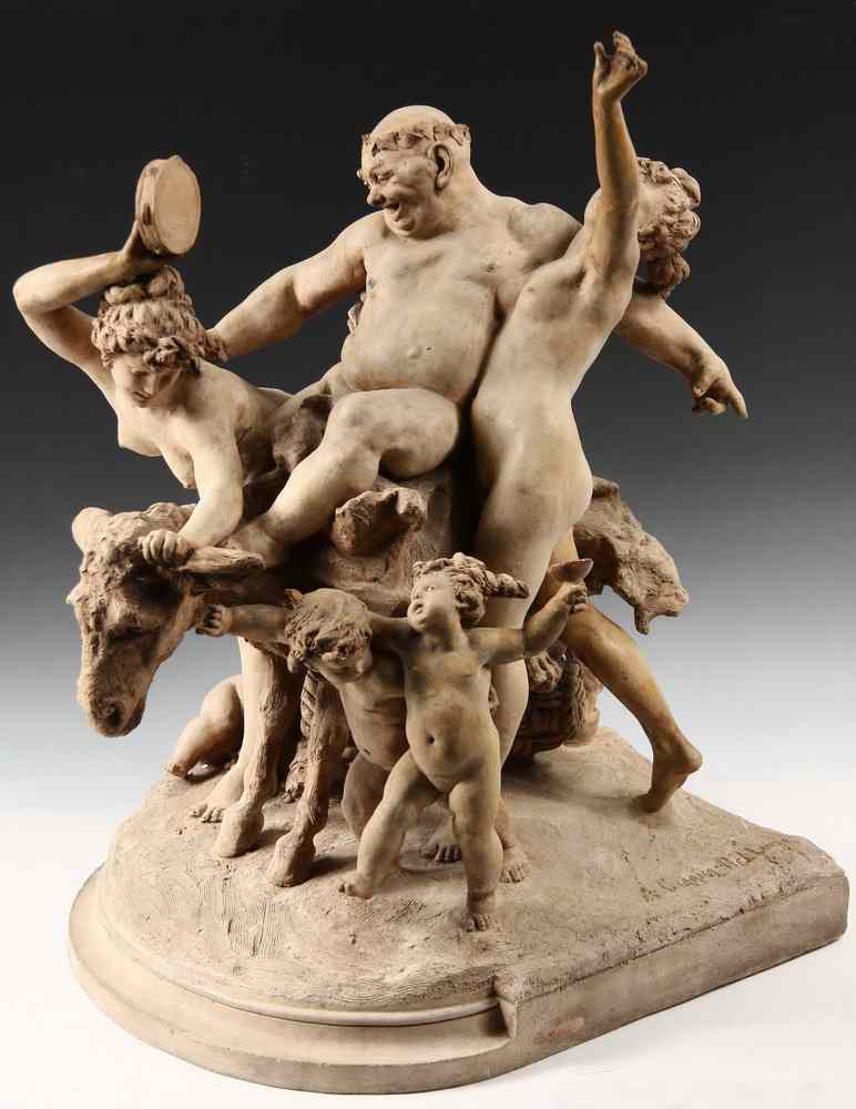 Appraisal: FRENCH TERRA COTTA FIGURE - Drunken Bacchante on a Burro