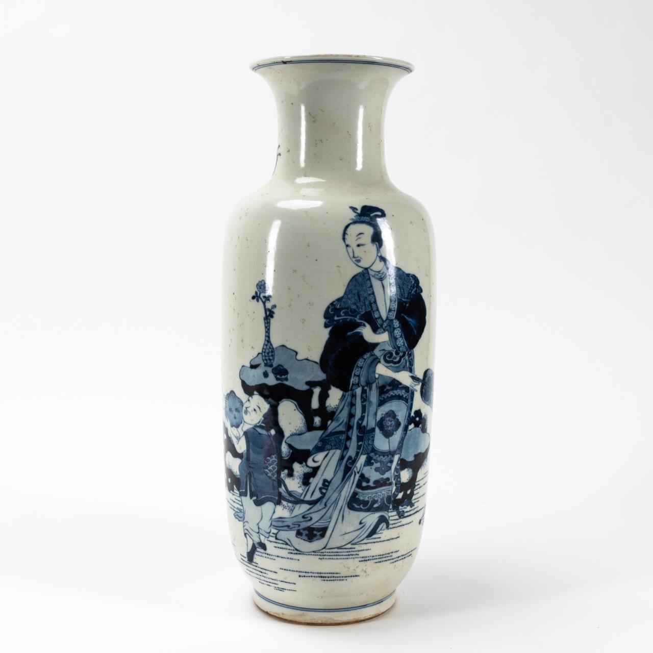 Appraisal: CHINESE BLUE WHITE FEMALE FIGURAL BALUSTER VASE Chinese blue and