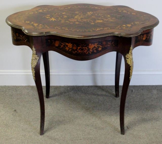 Appraisal: Marquetry Inlaid and Mounted Center Table Floral inlay with gilt