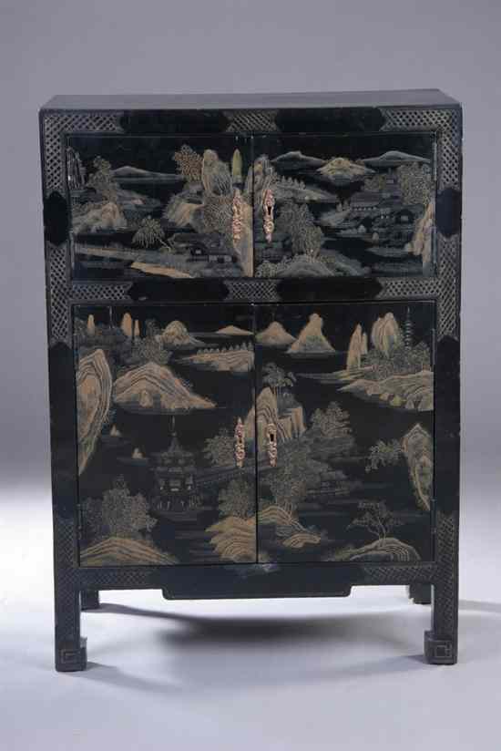 Appraisal: CHINESE POLYCHROME BLACK LACQUERED WOOD CABINET Of rectangular outline with