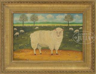 Appraisal: AMERICAN SCHOOL FOLK ART LANDSCAPE WITH SHEEP Fine folk art