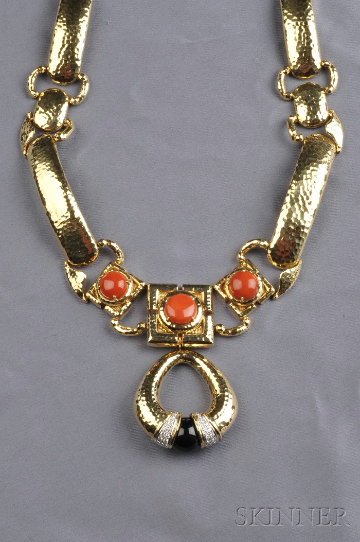 Appraisal: kt Gold Coral Onyx and Diamond Pendant Necklace designed as