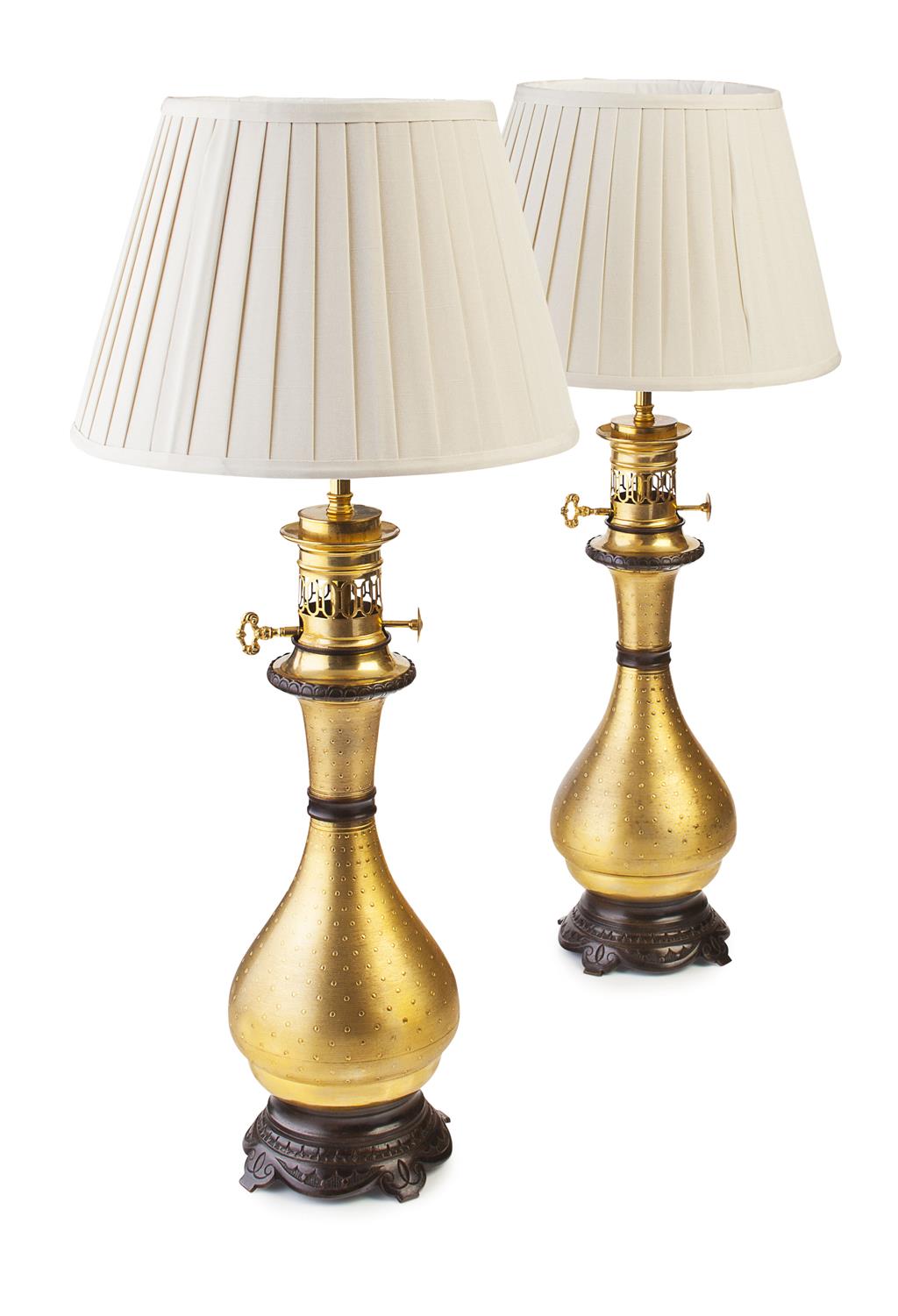 Appraisal: PAIR OF FRENCH MODERATEUR PATINATED AND GILT METAL LAMPS ADAPTED