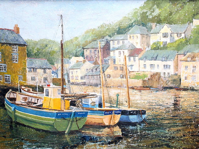 Appraisal: REGINALD HECKFORDFowey fishing boat docked at a harbour wall signed