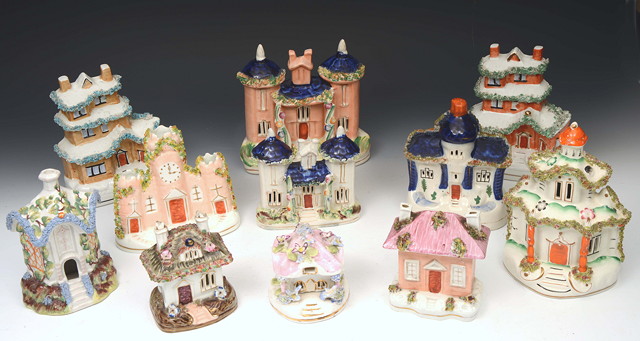 Appraisal: A GROUP OF ELEVEN STAFFORDSHIRE POTTERY FLAT BACK BUILDINGS