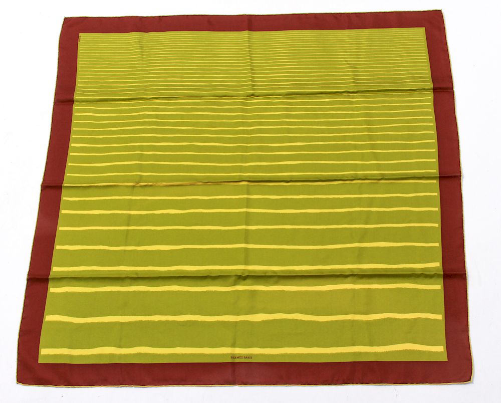 Appraisal: Hermes Yellow on Green Striped Silk Scarf Hermes silk scarf