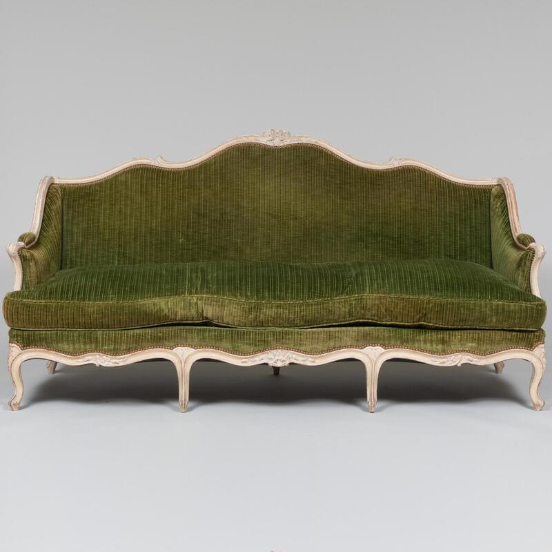 Appraisal: Louis XV Style Painted Green Velvet Upholstered Settee With one