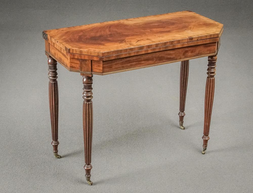 Appraisal: FEDERAL BRASS INLAID MAHOGANY PIVOTING FOLD-TOP CARD TABLE NEW YORK