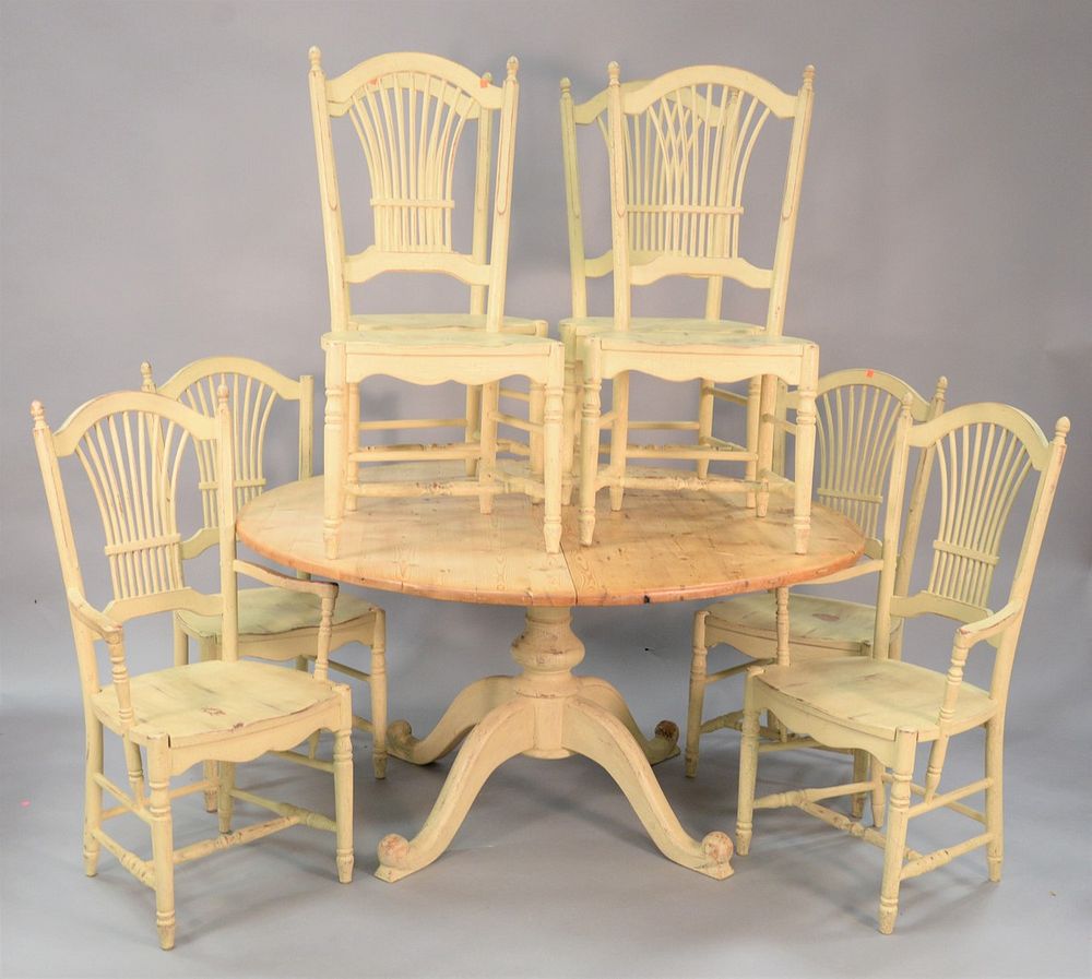 Appraisal: Nine piece kitchen table set large pine round pedestal table