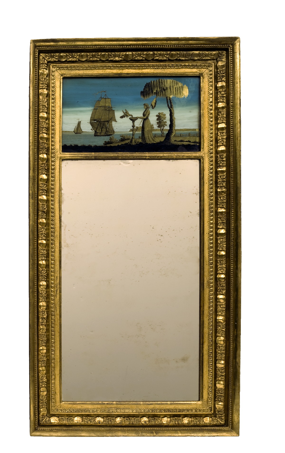 Appraisal: GILTWOOD PIER MIRROR WITH EGLOMISE PANEL OF A WOMAN LOOKING