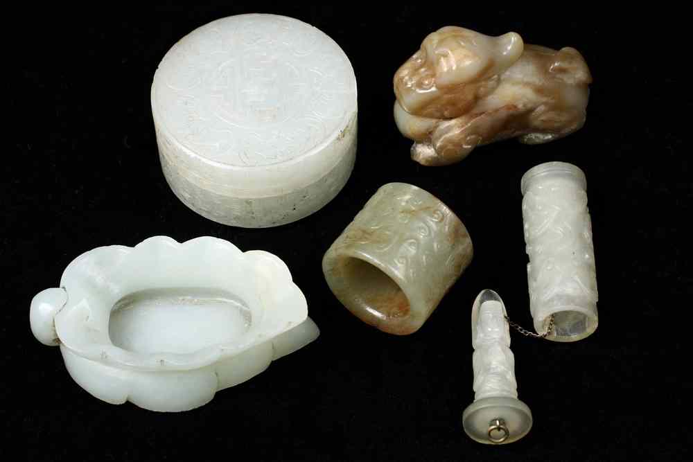 Appraisal: SMALL CHINESE JADE CARVINGS - Including Carved covered round jar