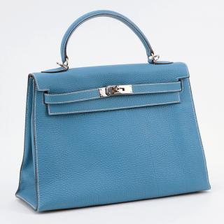 Appraisal: Herm s Blue Jean Blue Hermes Kelly Retourne Silver-tone hardware