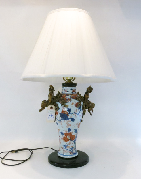 Appraisal: JAPANESE INSPIRED IMARI PORCELAIN LAMP with applied ormolu fawn handles