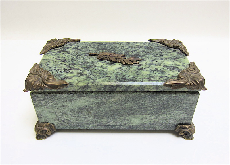 Appraisal: RUSSIAN 'JADE' STONE AND BRONZE LIDDED BOX rectangular jade-green serpentine