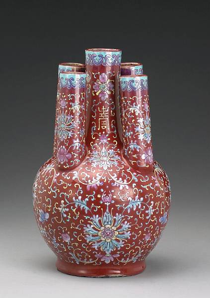 Appraisal: A red flamb glazed porcelain five-necked vase with enamel decoration