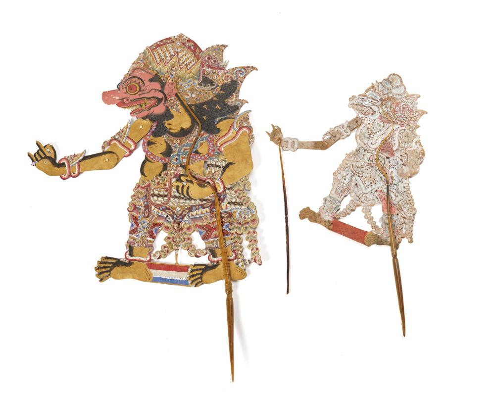 Appraisal: Two Indonesian painted leather shadow puppets Circa Each with articulated