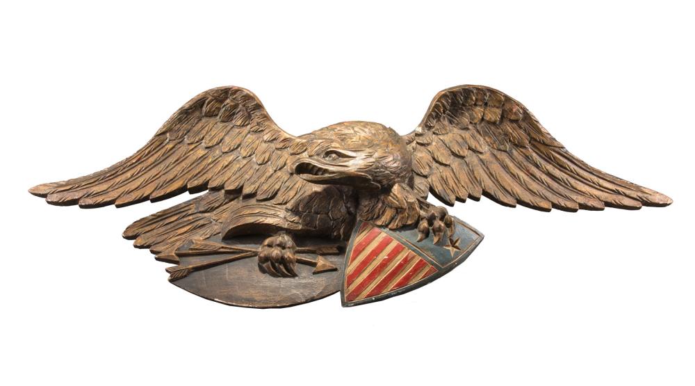 Appraisal: American Carved and Polychromed Spreadwing Eagle Plaque th c h