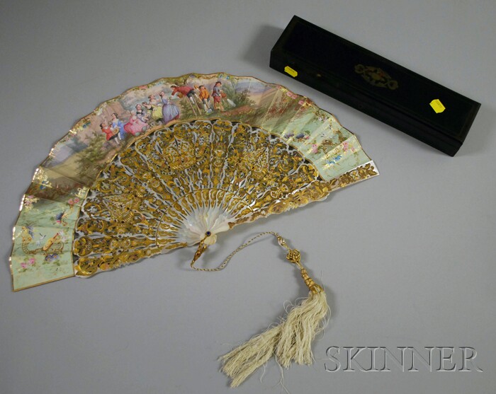 Appraisal: th Century French Mother-of-Pearl Fan hand-painted embellishment on kidskin tricolor