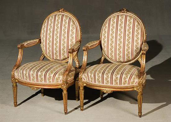 Appraisal: Pair of Louis XVI Style Giltwood Fauteuils la Reine Early