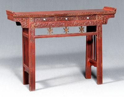 Appraisal: Chinese red lacquer altar table three drawers front with shou