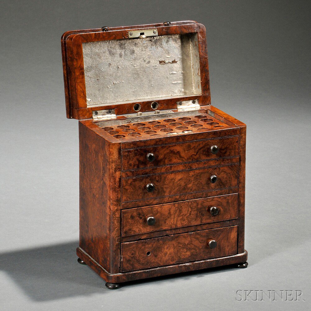 Appraisal: Victorian Burlwood-veneered Miniature Chest of Drawers-form Humidor England second half