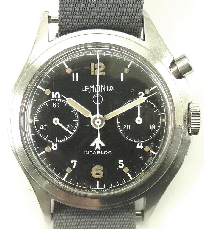 Appraisal: Lemania single button chronograph Military issue stainless steel gentleman's wristwatch