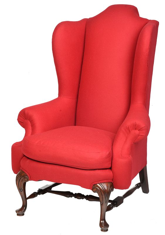 Appraisal: Queen Anne Style Red Upholstered Easy Chair th century carved