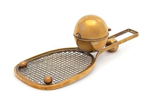 Appraisal: An English Brass Tennis Racket and Ball-Form Inkwell Length inches